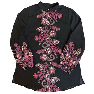Chico's Black/Purple Paisley Embroidered, Mock Neck, Long Sleeve Blouse- 1(M)